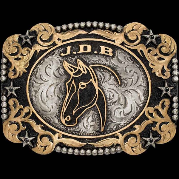 Our Lockhart Belt Buckle is handcrafted on a German Silver base, featuring hand-engraved scrollwork and overlay with a beaded edge and six star emblems accented with your choice of cubic zirconia stones. To make this buckle truly stand out, we add our sig